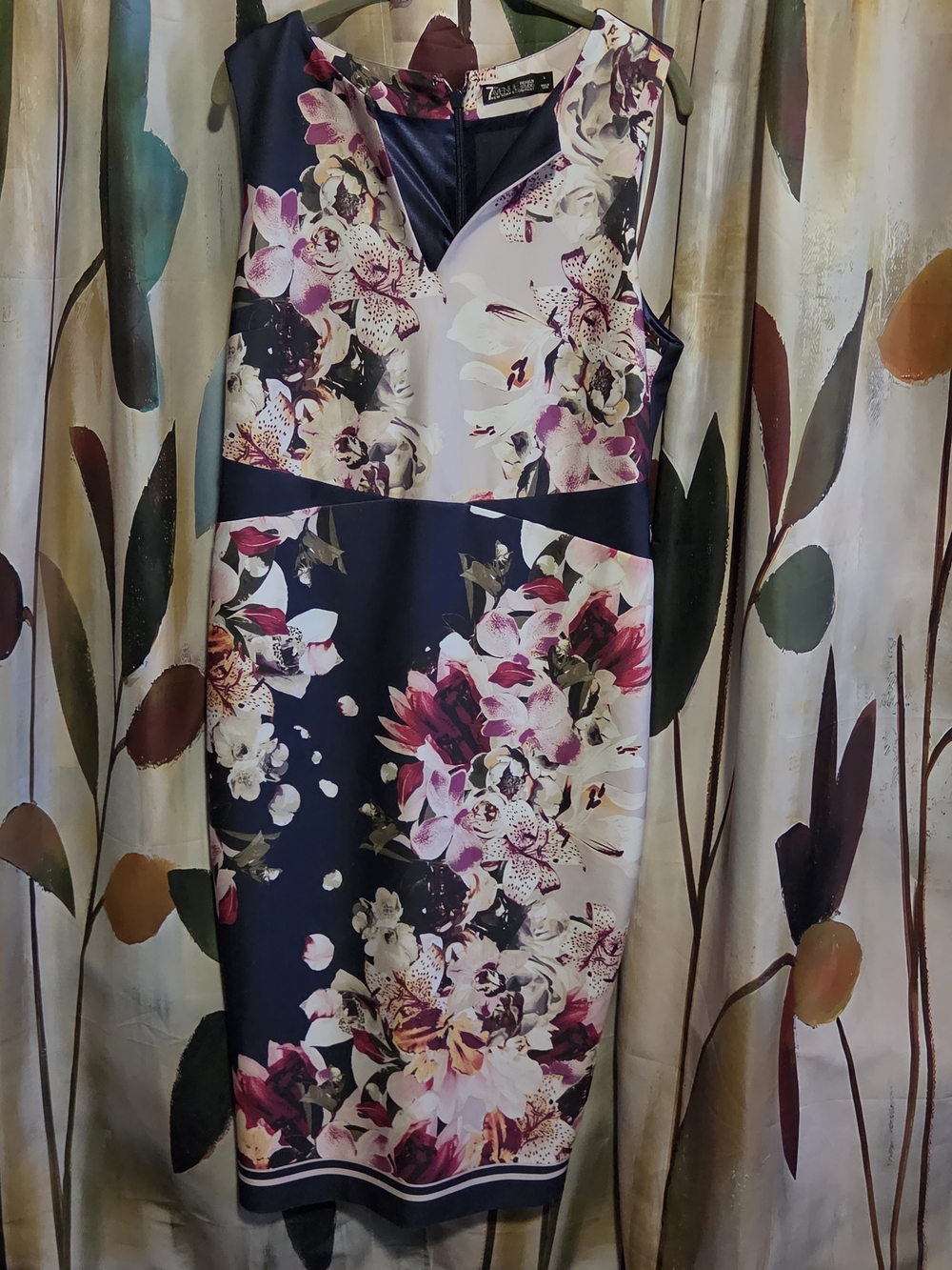 New York & Company Navy Floral Sheath Dress with Pink and White Blooms